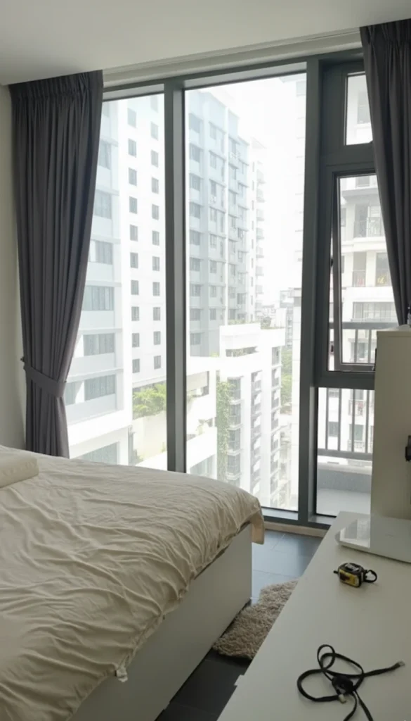 Before Image of Living room sheer curtains installation in MJL Dubai