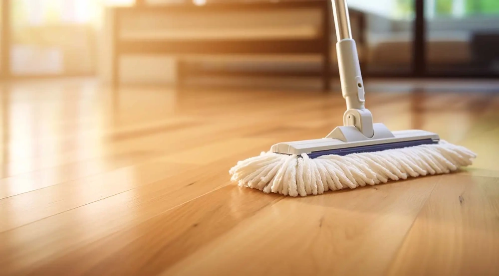 Cleaning engineered wood floors with a soft microfiber mop